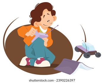 Boys play with radio-controlled cars. Funny people. Illustration concept template for website, web landing page, banner, presentation, social, poster, promotion or print media.