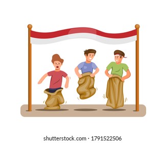 Boys play sack race competition to celebration indonesian independence day in 17 august concept in cartoon illustration vector isolated in white background