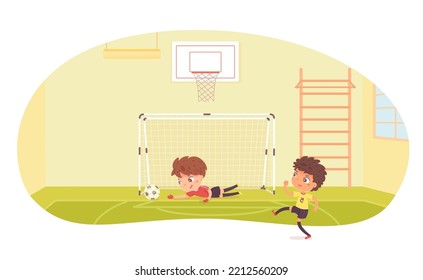 Boys play soccer game in school gym with sport equipment vector illustration. Cartoon little goalie jumping after ball to save gate, football players training indoor, workout activity athletes