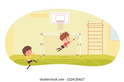 Boys play soccer game in school gym with sport equipment vector illustration. Cartoon little goalie jumping after ball to save gate, football players training indoor, workout activity athletes