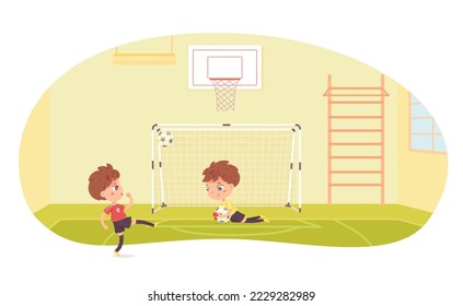 Boys play soccer game in school gym with sport equipment vector illustration. Cartoon little goalie jumping after ball to save gate, football players training indoor, workout activity athletes