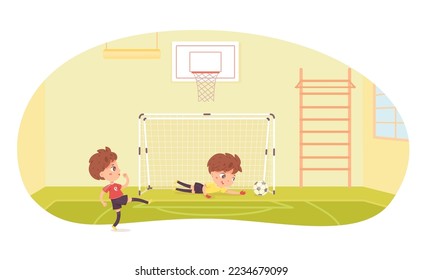 Boys play soccer game in school gym with sport equipment vector illustration. Cartoon little goalie jumping after ball to save gate, football players training indoor, workout activity athletes