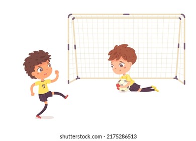 Boys play soccer game vector illustration. Cartoon isolated football match scene, goalkeeper in sport uniform holding ball, lying on grass field near net, little student running to gate to kick ball