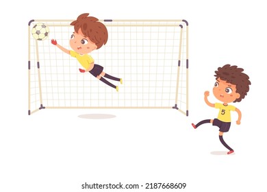 Boys play soccer game vector illustration. Cartoon isolated action scene between striker and goalkeeper during football match, small goalie jumping after ball to save gate, little athletes training