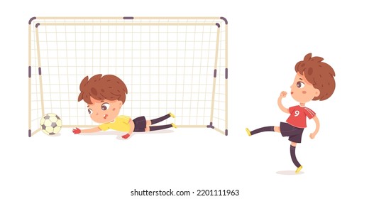 Boys play soccer game vector illustration. Cartoon isolated action scene between striker and goalkeeper during football match, small goalie jumping after ball to save gate, little athletes training