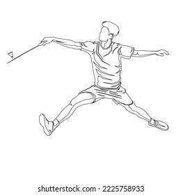 boys playing badminton line drawing isolated on white background. Friends sport fun. Badminton players in action. 