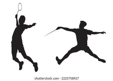 boys playing badminton silhouette isolated on white background. Friends sport fun. Badminton players in action.  