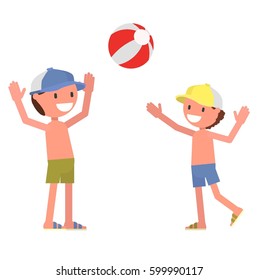 The boys are playing with the ball. Vector illustration, flat style design. Isolated on a white background.