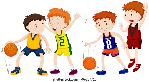 Boys playing basketball on white background illustration