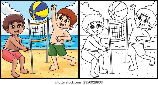 Boys Playing Beach Volleyball Summer Illustration