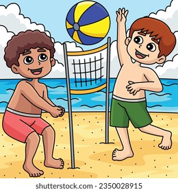 Boys Playing Beach Volleyball Summer Colored 