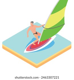 boys playing with boats on summer beach Isometric
