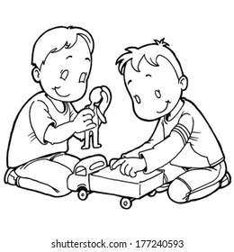 children sharing toys clipart black and white