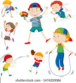 Boys playing different things on white background illustration