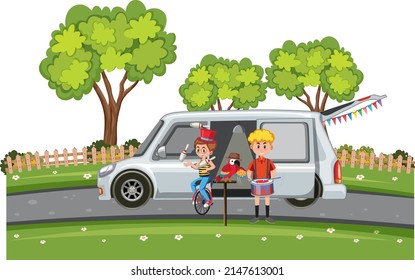 Boys playing drum and juggling in the park illustration