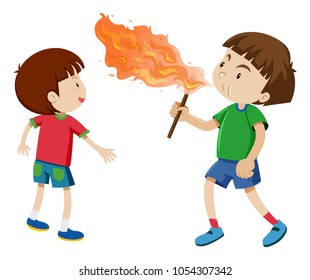 Boys playing with fire illustration