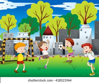 Boys playing football in the field illustration