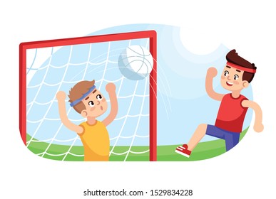 Boys playing football flat vector illustration. Sport club for kids leisure. Team game for young sportsmen. Extracurricular outdoor activities. Kids players in championship cartoon characters
