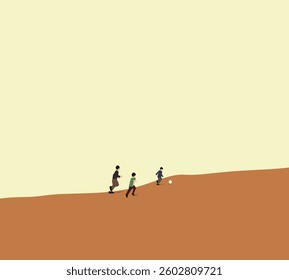 Boys playing football on sand dune. Sport outdoor activity on holiday vacation. Minimal design.