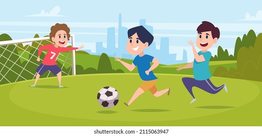 Boys playing football. Running outdoor kids with football ball on grass exact vector cartoon background