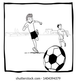 Boys playing football at the stadium, drawing in cartoon style, black and white illustration in vector.