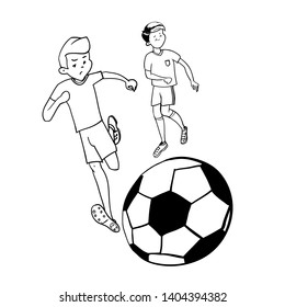 Boys playing football at the stadium, drawing in cartoon style, black and white illustration in vector.