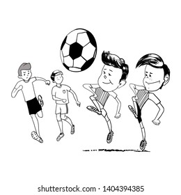 Boys playing football at the stadium, drawing in cartoon style, black and white illustration in vector.