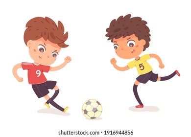 Boys playing football together. Two happy little kids playing sport in uniforms vector illustration. Smiling children kicking ball by foot between them on white background.