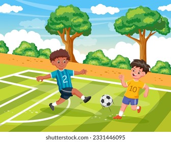 Boys playing football together, two happy little kids playing football. Vector illustration