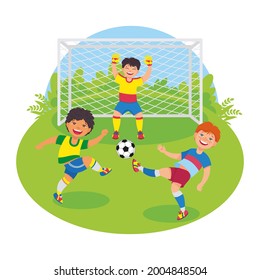 Boys playing football uotdoors. Soccer, goalkeeper on the field. Children's sport school, summer camp, training, kids sport, shildhood. Vector illustration, cartoon characters, emblem, sticker, card.