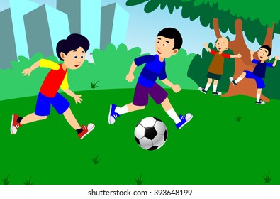 Boys playing football vector illustration.