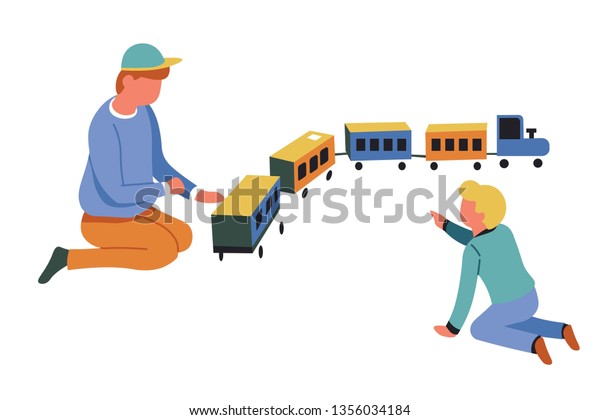 Boys playing game locomotive children play\
with toy train vector isolated characters kindergarten and\
childhood puffer with railway carriages transport friends having\
fun preschoolers\
entertainment