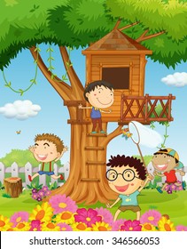 Boys playing in the garden illustration