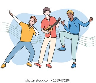 The boys are playing the guitar and dancing with excitement. hand drawn style vector design illustrations. 