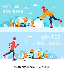 Boys playing hockey, sculpt snowman winter fun, winter vacation, winter sports, outdoors. New year. Winter cityscape. Flat design vector illustration.