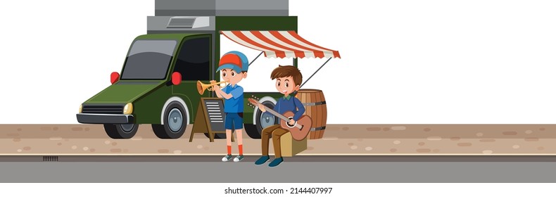 Boys playing instruments by the truck illustration