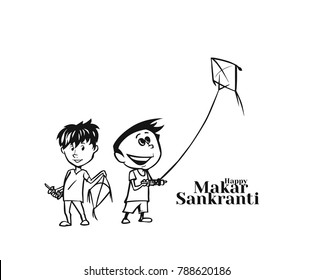 Boy's Playing Kite.  Happy Makar Sankrant - Vector Illustration