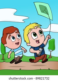 Boys playing with a kite - vector illustration