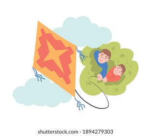 Boys Playing Kite, View from Above, Friends Spending Time Together Outdoors Cartoon Style Vector Illustration