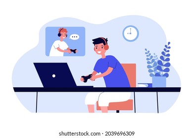 Boys playing network game flat vector illustration. Children having fun in headphones with controllers in front of laptops. Computer game, friendship, fun, hobby concept for design, landing page