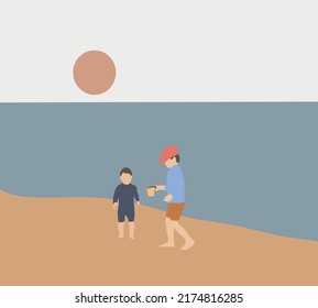 Boys playing on the beach on summer holidays. Vacations at seaside running in the water.