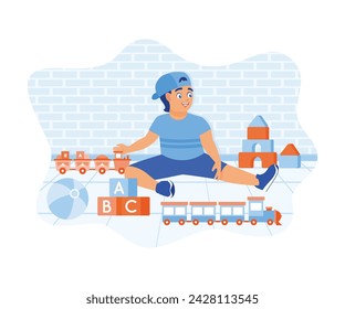 Boys playing on the floor inside the house. Playing with trains and arranging pyramid-shaped blocks. Children's concept. flat vector modern illustration 
