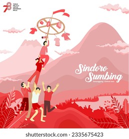 Boys playing Panjat Pinang game to celebrate independence day of Indonesia concept. Panjat pinang vector with Sindoro Sumbing view. 