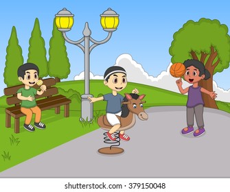 Boys playing rocking horse and basketball while the other watching and eating ice cream