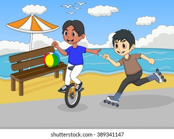 Boys playing roller skate and unicycle at the beach cartoon vector illustration