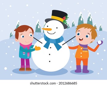 Boys playing snowman in snow concept for banner, website, illustration, landing page, flyer, etc.