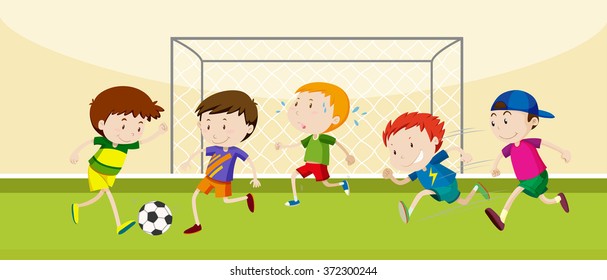 Boys playing soccer in the field illustration