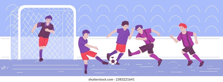 Boys playing soccer, kicking ball, gate with goalkeeper at the stadium. Children play sport competition game vector flat illustration. Cartoon football players in uniforms