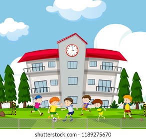 Boys playing soccer outside illustration