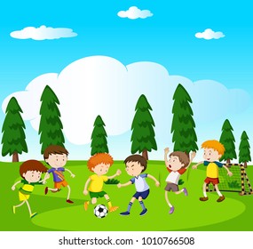Boys playing soccer in park illustration